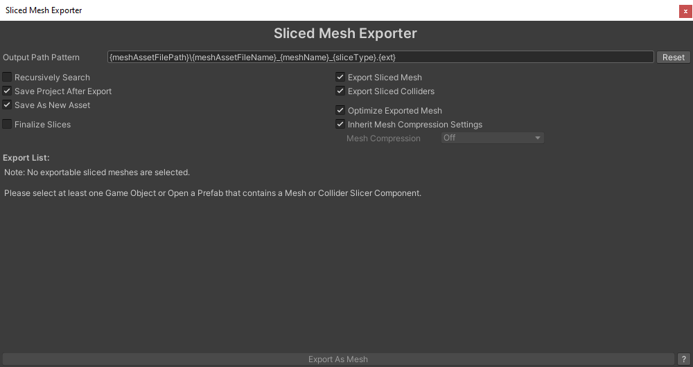 Sliced Mesh Exporter Window